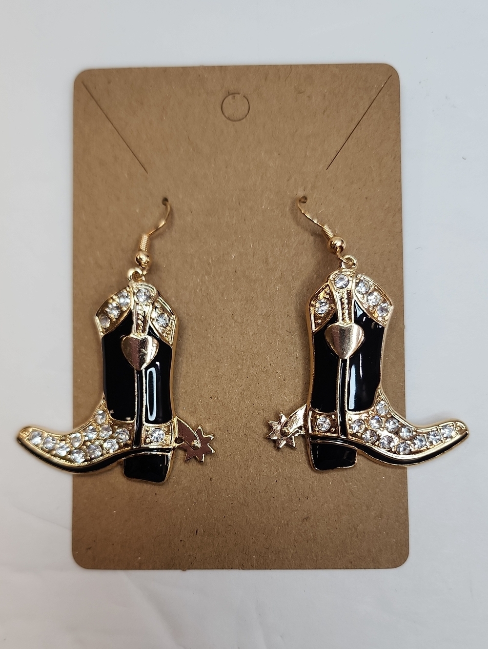 Western Cowboy Boot Earrings Black Enamel Rhinestone Gold Tone Dangle